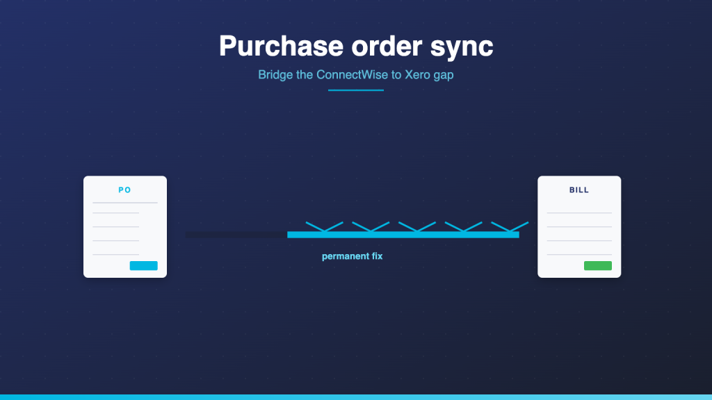 Purchase order crossing a broken bridge being repaired by cyan girders into a vendor bill ledger