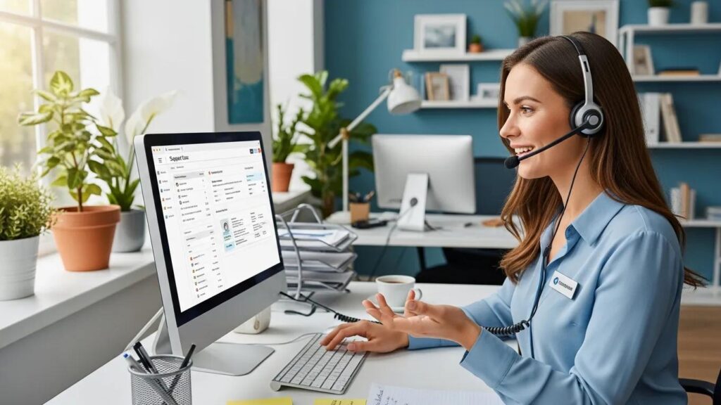 Customer support representative assisting a client in a modern office