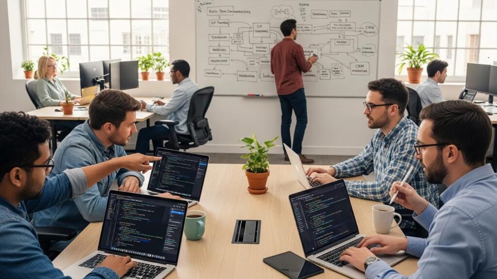 Developers collaborating on 3CX Call Control API project in a modern office