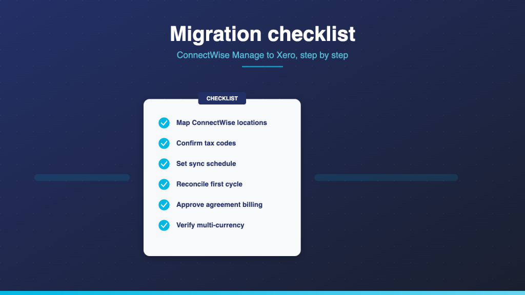Checklist clipboard with cyan ticks against a soft integration pipeline in the background