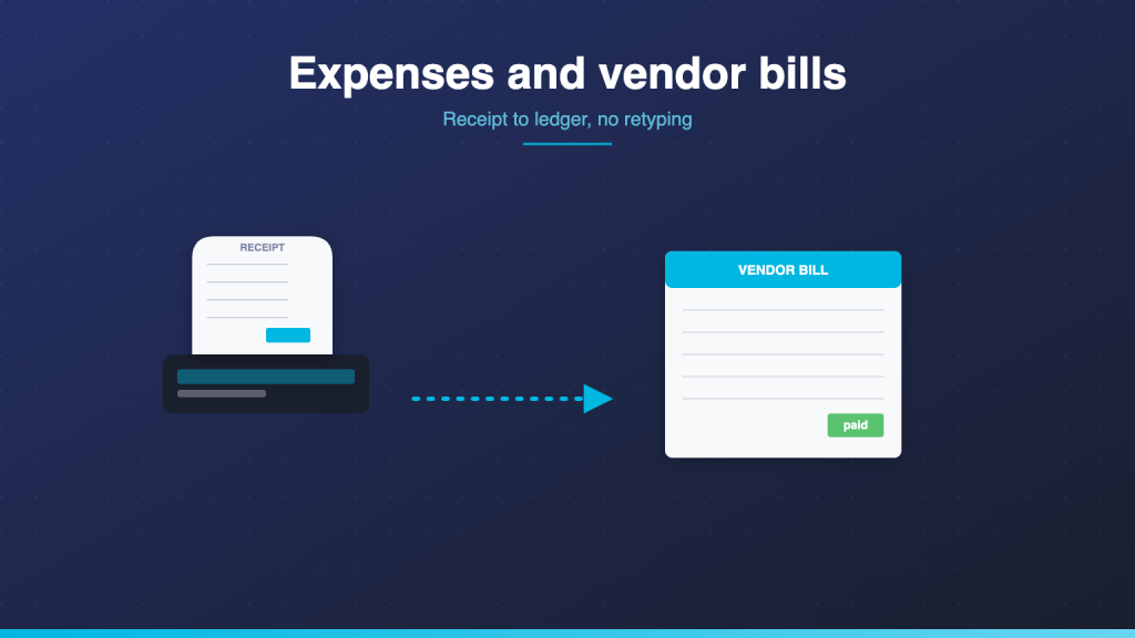 Receipt curling out of a scanner and transforming via a cyan arc into a vendor bill ledger entry