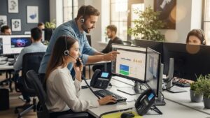 Modern office environment showcasing employees using VoIP technology for effective communication