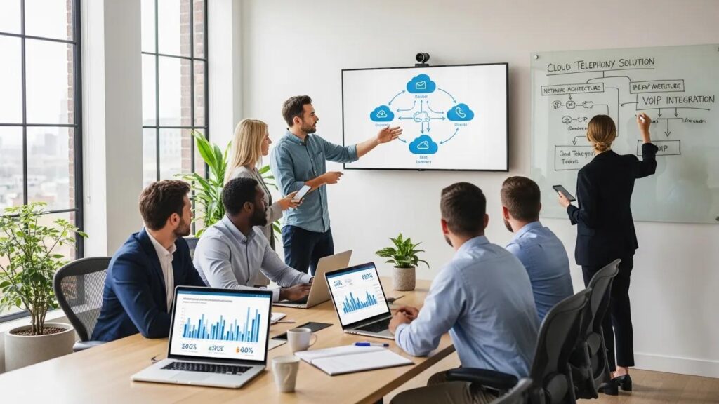 Office team discussing cloud phone systems with laptops and smartphones