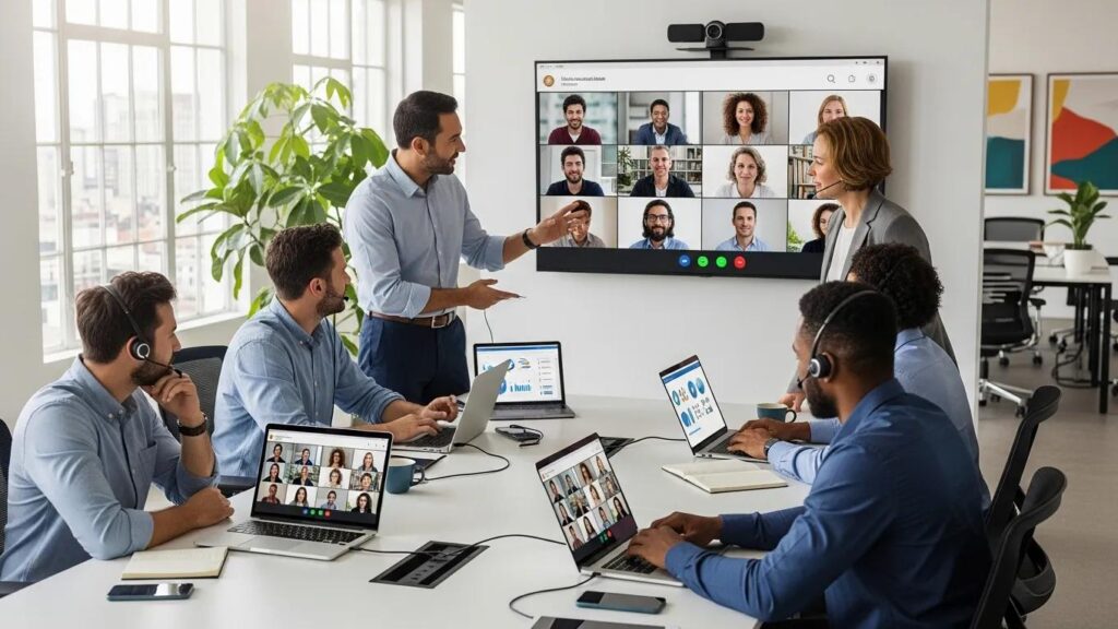 Professionals collaborating in a modern office using cloud PBX technology
