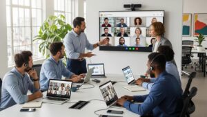 Professionals collaborating in a modern office using cloud PBX technology