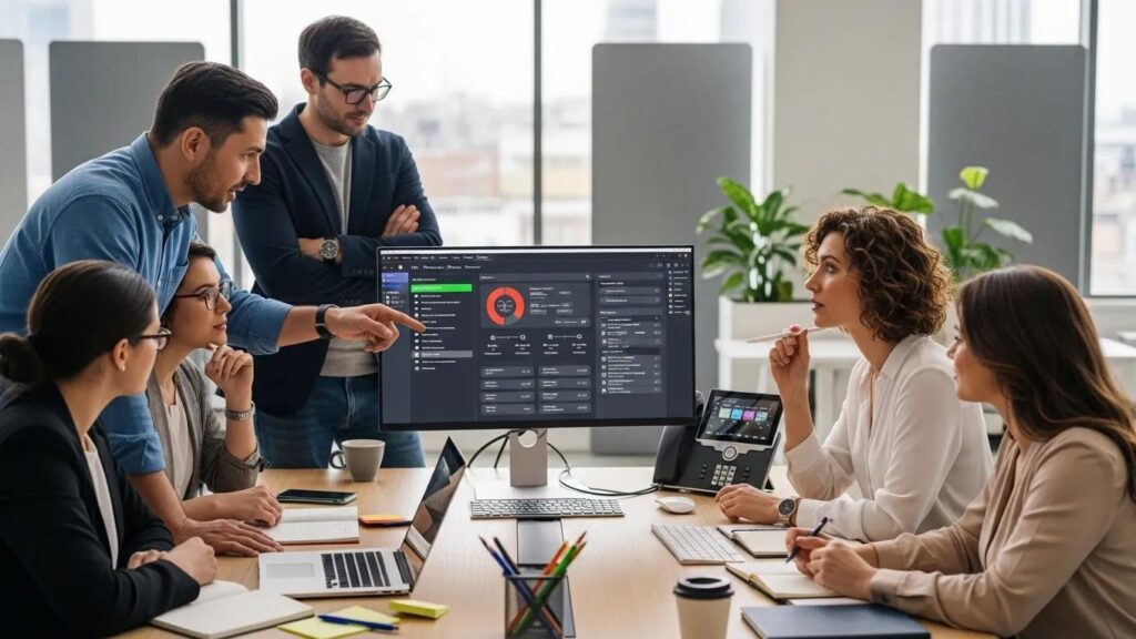 Professionals discussing computer telephony integration in a modern office setting
