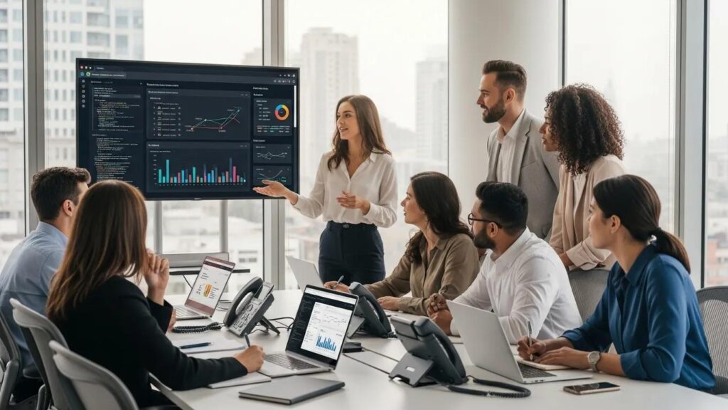 Professionals discussing VoIP CRM integration in a modern office setting