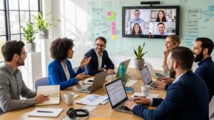 Professionals engaged in a video conference call in a modern office, emphasizing effective communication solutions