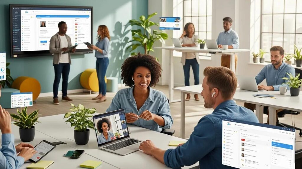 Professionals using cloud phone systems in a modern office environment
