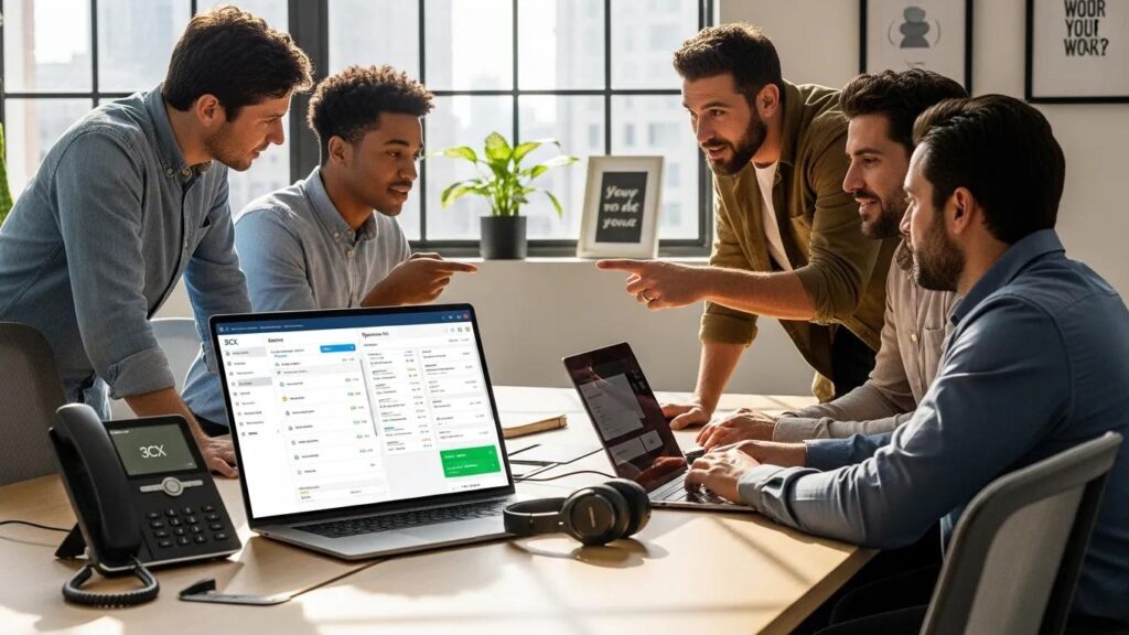 Team collaborating in a modern office with telephony and CRM integration technology