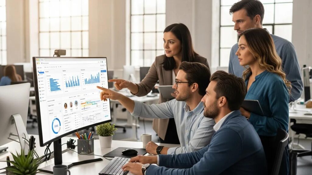 Team collaborating in an office with a focus on CRM integration