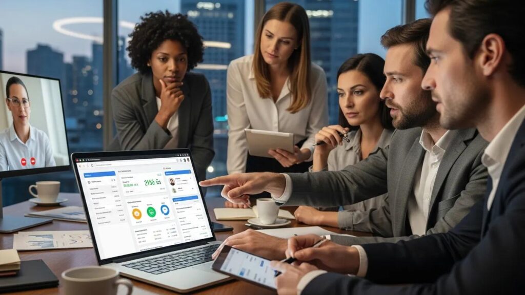 Team collaborating in an office with a laptop showing CRM integration