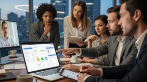 Team collaborating in an office with a laptop showing CRM integration