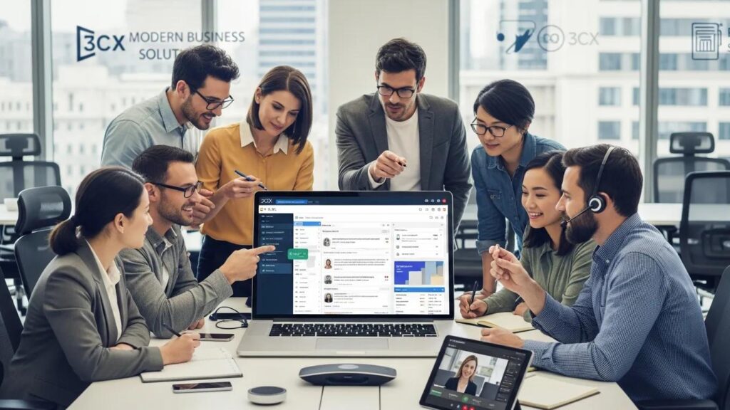 Team collaborating on 3CX CRM integration in a modern office setting