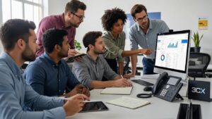 Team discussing CRM integration with 3CX in a modern office setting