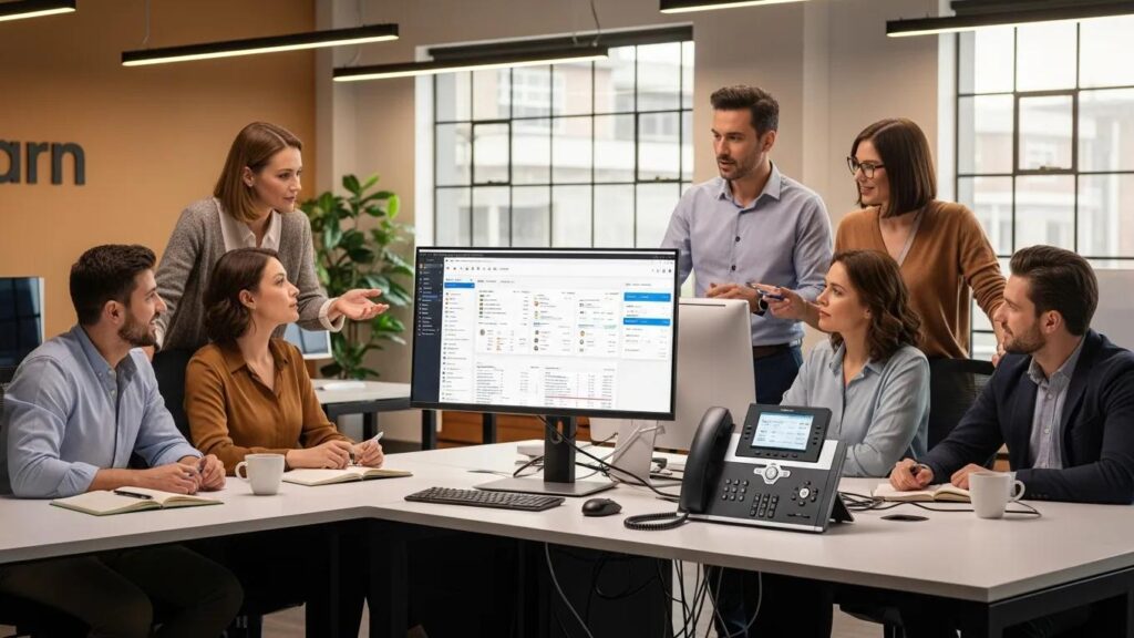 Team discussing CRM integration with phone system in a modern office