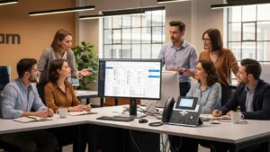 Team discussing CRM integration with phone system in a modern office
