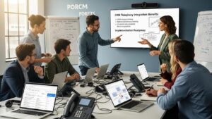 Team discussing CRM telephony integration in a modern office setting