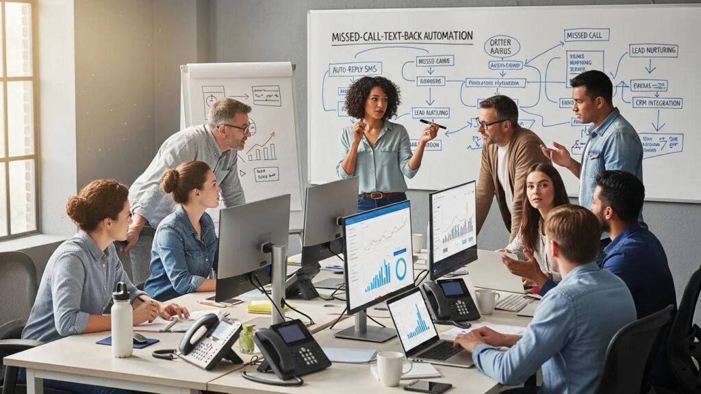 Team discussing missed-call-text-back automation in a modern office setting