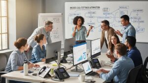 Team discussing missed-call-text-back automation in a modern office setting