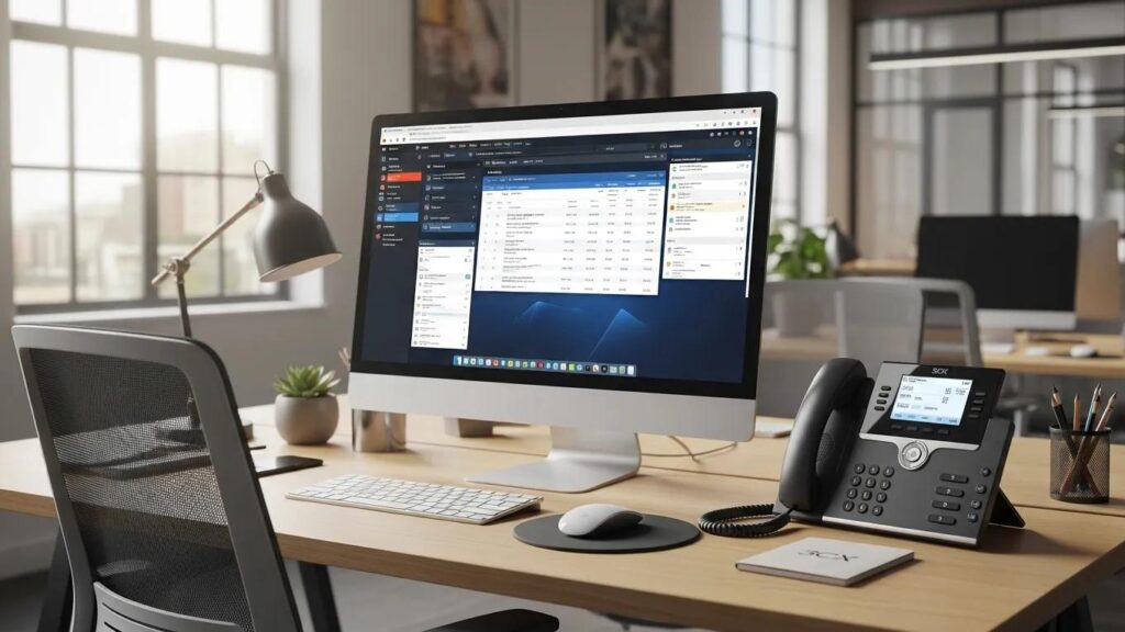 Workspace with CTI software interface and 3CX phone system, representing business communication solutions