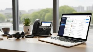 Workspace with laptop and phone representing 3CX and Pipedrive integration